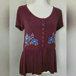 American Eagle Outfitters Womens Embroidered Floral Babydoll Top